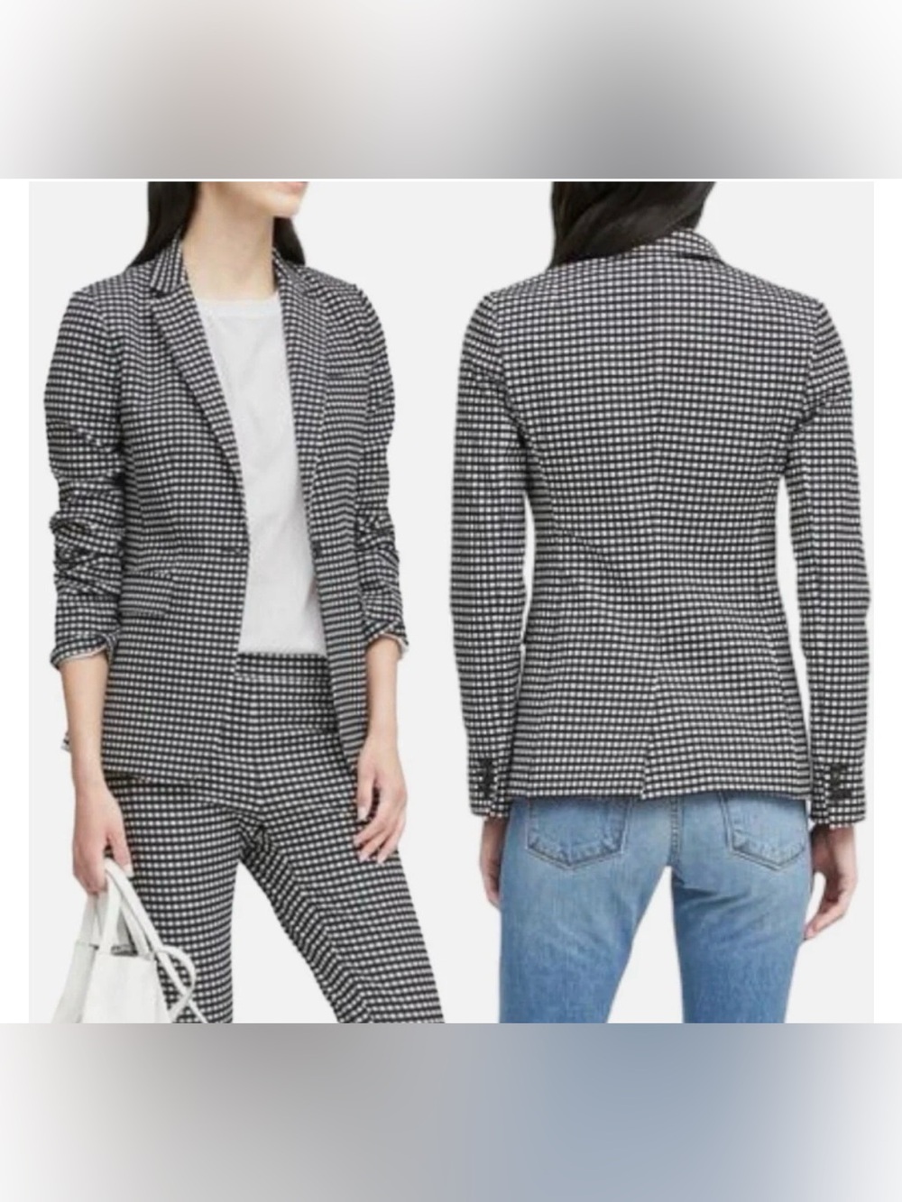 Banana Republic Long & Lean Gingham Single Breast Blazer Black White Size 6